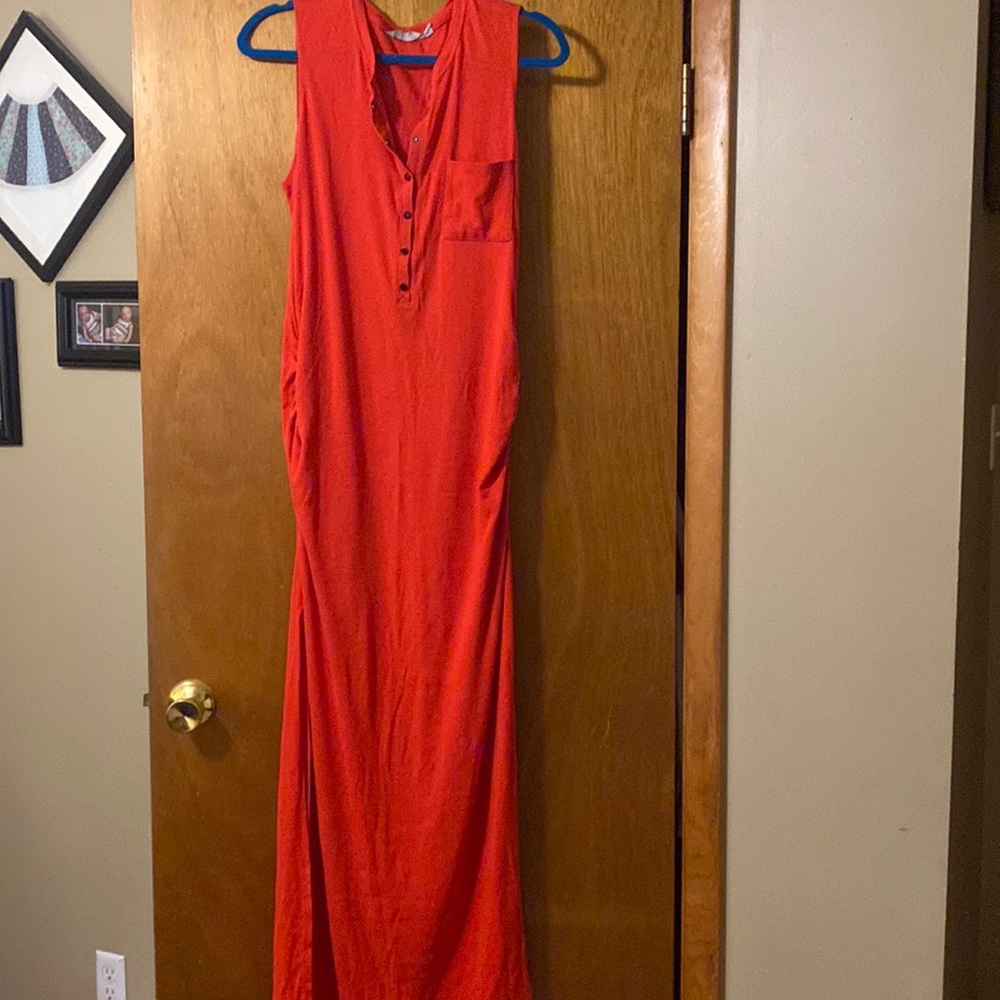 Athleta bright red ribbed Henley maxi dress. Size Large petite